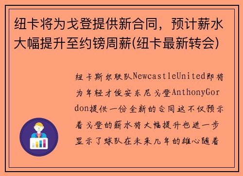 纽卡将为戈登提供新合同，预计薪水大幅提升至约镑周薪(纽卡最新转会)