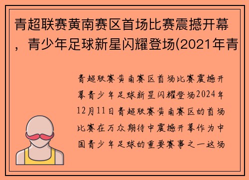 青超联赛黄南赛区首场比赛震撼开幕，青少年足球新星闪耀登场(2021年青超联赛)